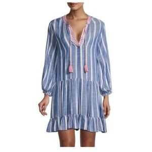 Shoshanna Tunic Dress S Blue Stripe Embroidered Tiered V-Neck Swim Cover Resort